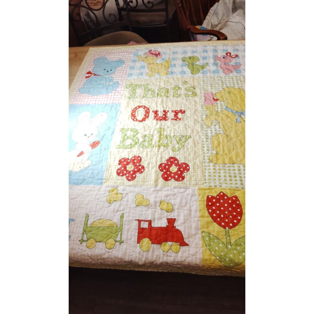Vtg Baby Quilt 37 x 47 Comforter Yellow Sunshine Blanket Dog Bunny Bear Ducks
